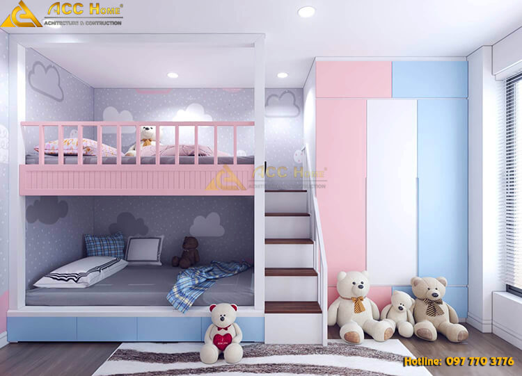 Thiết kế nội thất phòng ngủ con trẻ tone hồng