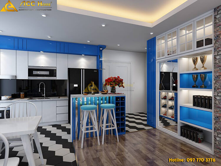 thiết kế nội thất phòng bếp màu xanh