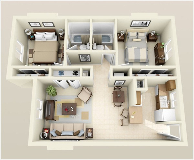bản vẽ thiết kế nội thất chung cư 2 phòng ngủ