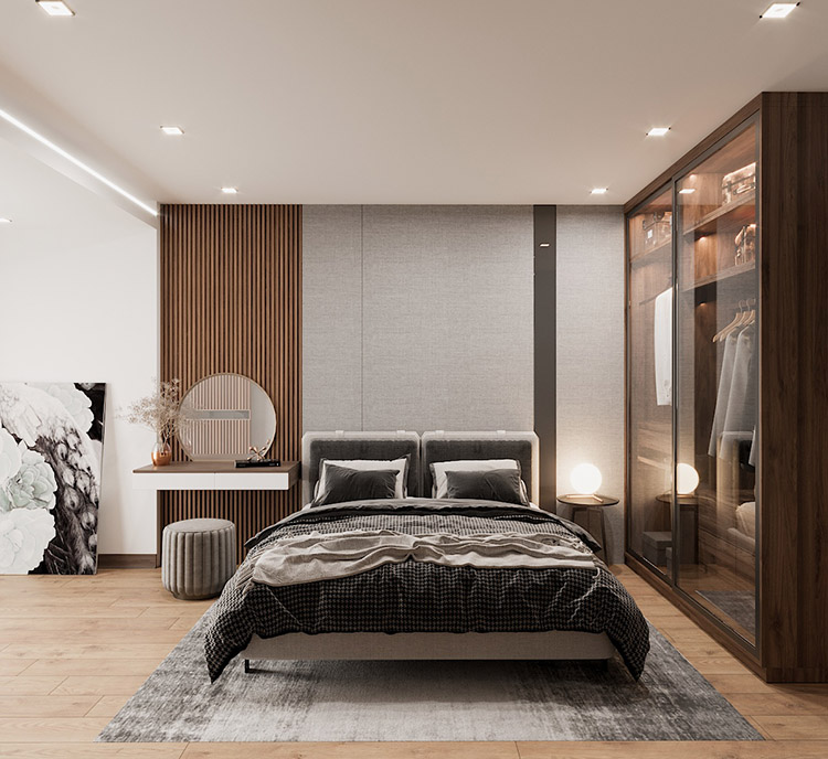 Phòng ngủ thiết kế sàn gỗ mộc mạc nhưng vẫn hiện đại