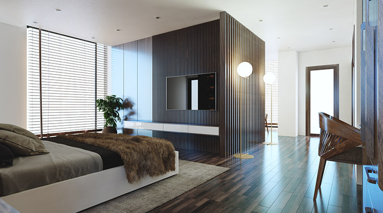 Thiết kế phòng ngủ hiện đại với gỗ óc chó