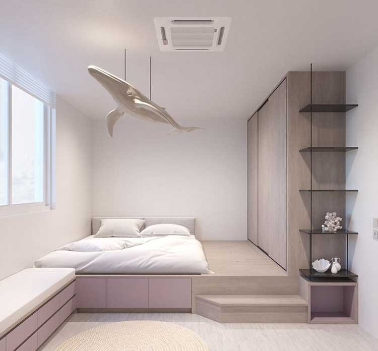 Phòng ngủ 11m2 đơn giản kết hợp với giường bục