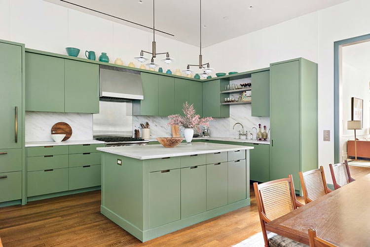Phòng bếp kết hợp màu xanh pastel vô cùng nhẹ nhàng, nữ tính