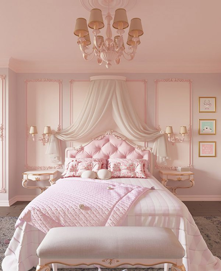 Phòng ngủ đẹp cho nữ màu hồng pastel tân cổ điển