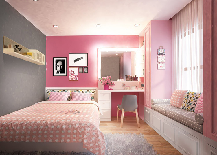Phòng ngủ nội thất đơn giản màu hồng cho bé gái