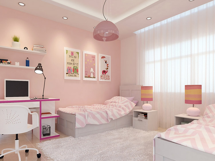 Phòng ngủ tối giản màu hồng, trắng và cây xanh