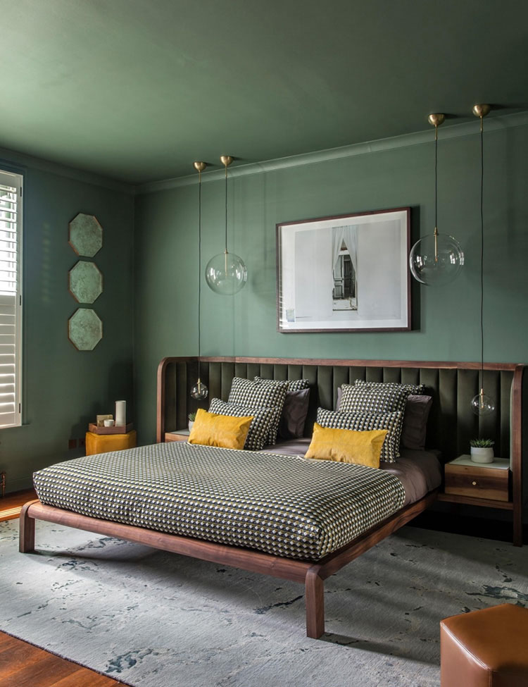 Phòng ngủ màu xám và xanh lá cây