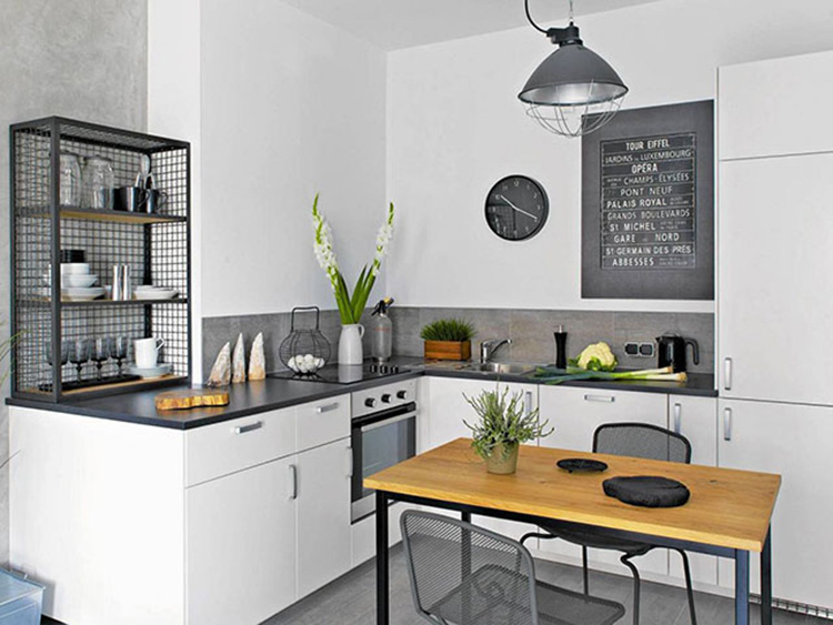 Phòng bếp nhỏ với tông màu ghi đậm