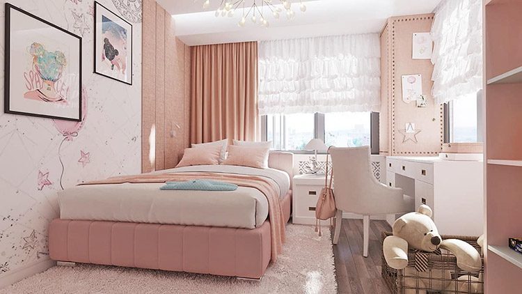 Phòng ngủ có cửa sổ nhỏ với tone màu hồng dễ thương