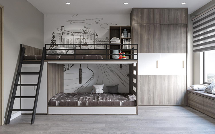 Phòng ngủ tối giản với thiết kế giường tầng hiện đại