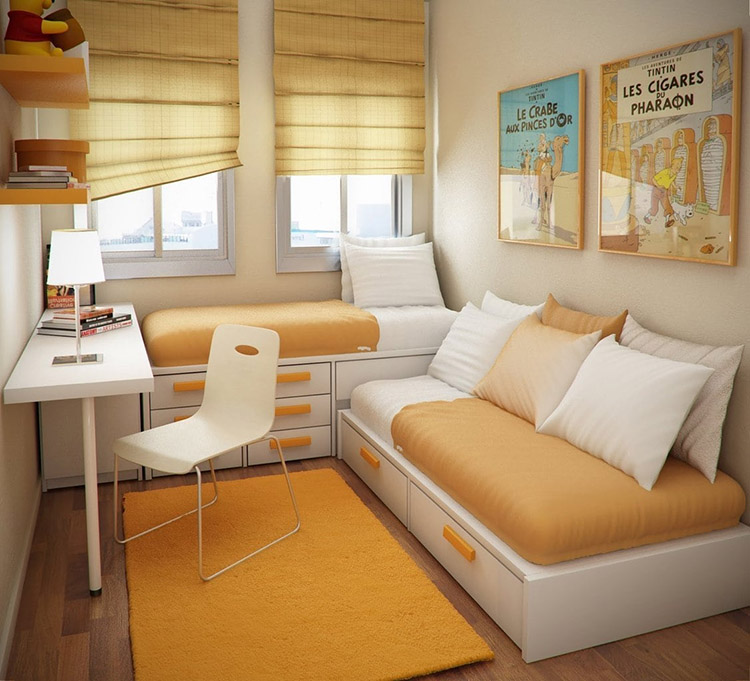 Phòng ngủ nhỏ màu vàng ấm áp năng động 