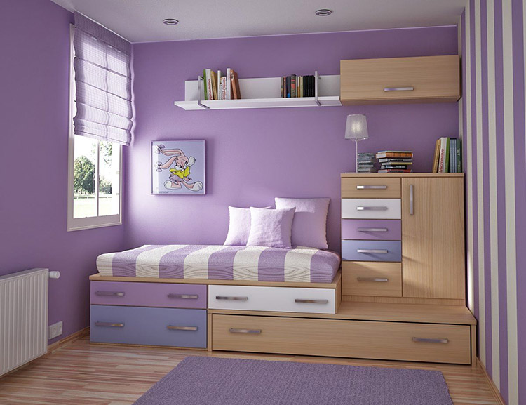 Phòng ngủ 10m2 với màu tím đáng yêu 