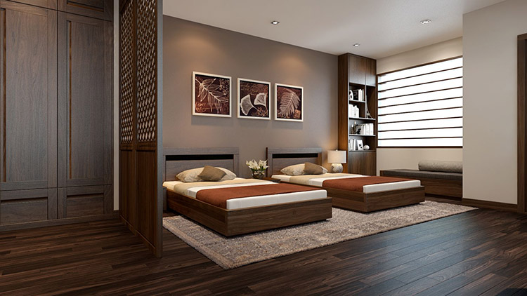 Phòng Master 2 giường  13m2 với nội thất gỗ