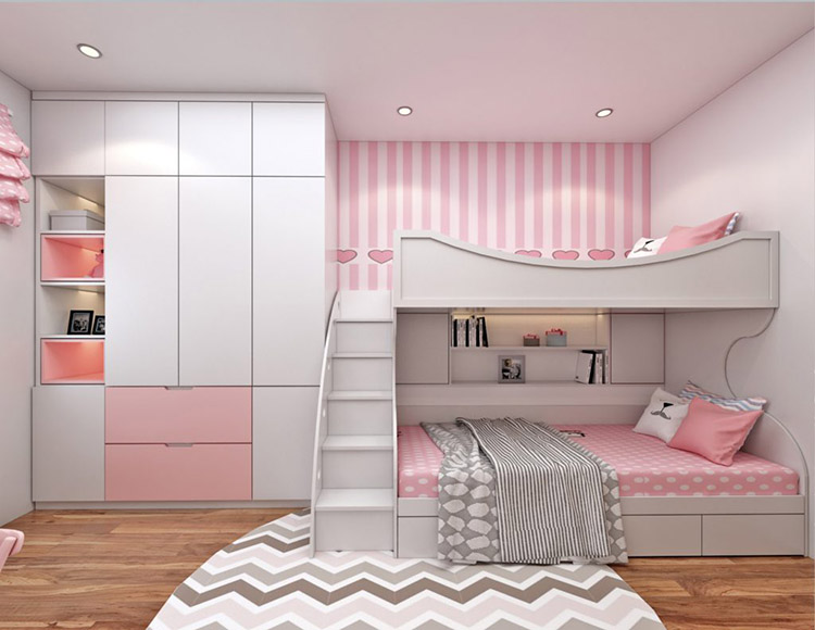 Phòng ngủ 2 giường màu hồng cho bé gái