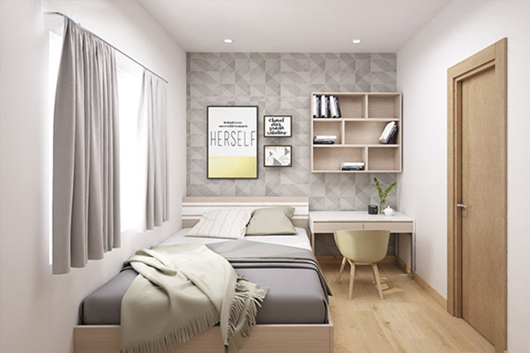 Phòng ngủ 13m2 phong cách tối giản, gam màu xám