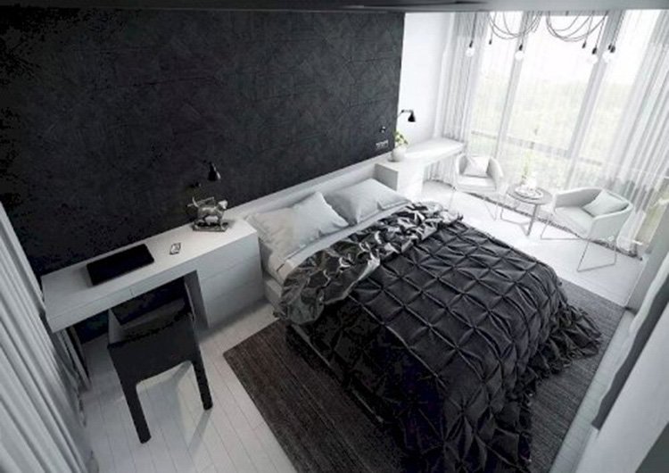 Phòng ngủ 18m2 gam màu trắng đen sành điệu, cá tính