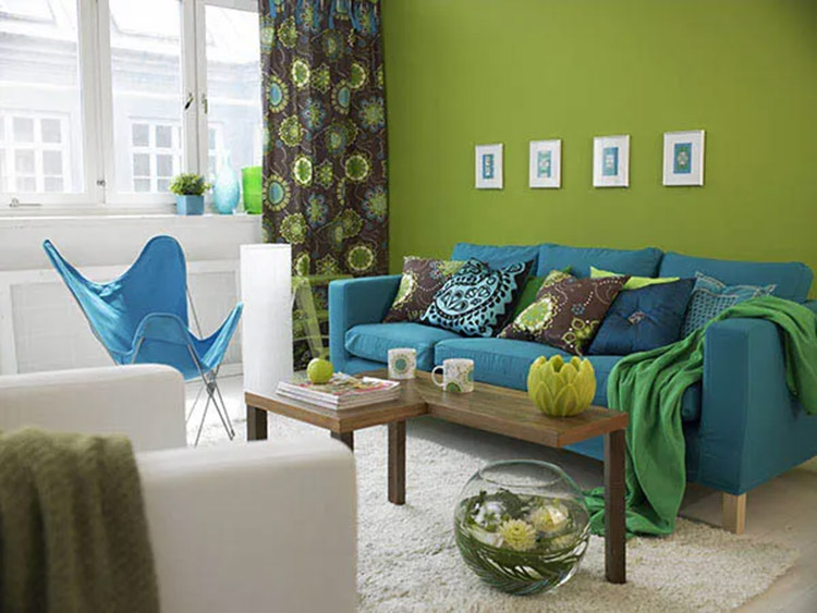 Phòng khách màu xanh dương kết hợp xanh lá thật phong cách