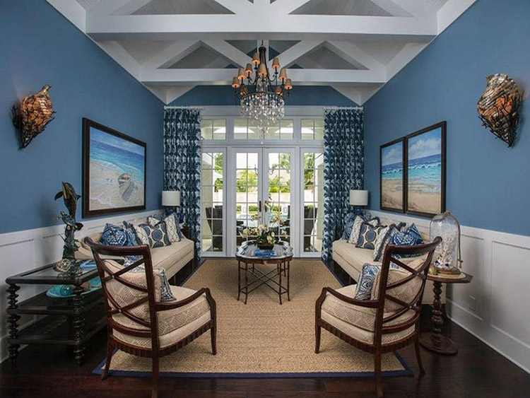 Phòng khách màu xanh dương phong cách tân cổ điển