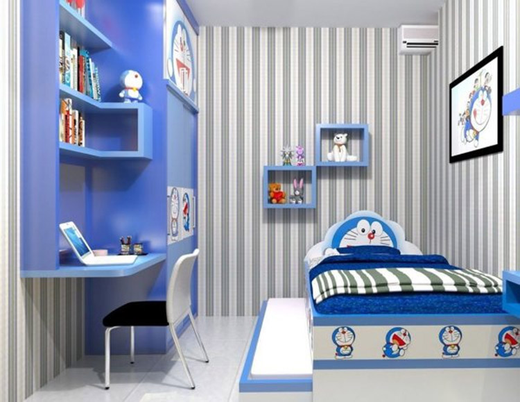 Decor phòng ngủ dễ thương bằng giường và tủ doremon