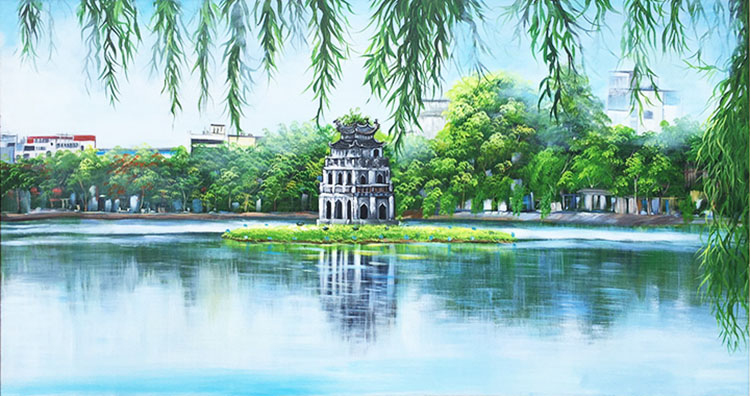 Tranh vẽ trên tường hình phong cảnh Hồ Gươm