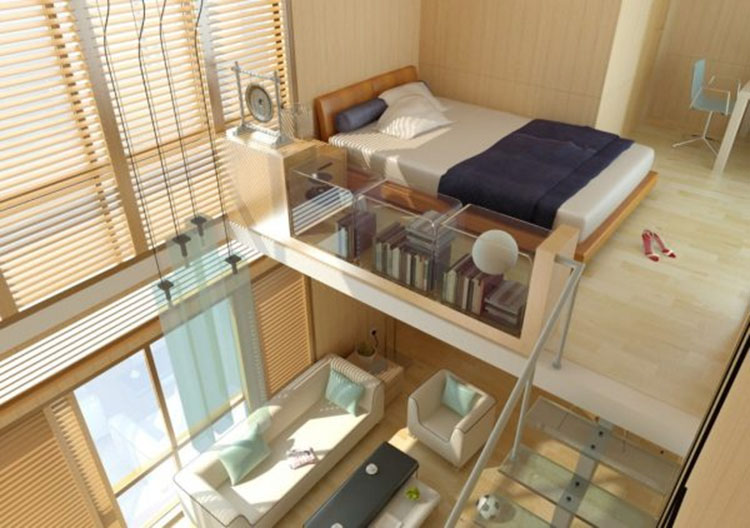 Phòng ngủ gác lửng trên không gian phòng khách