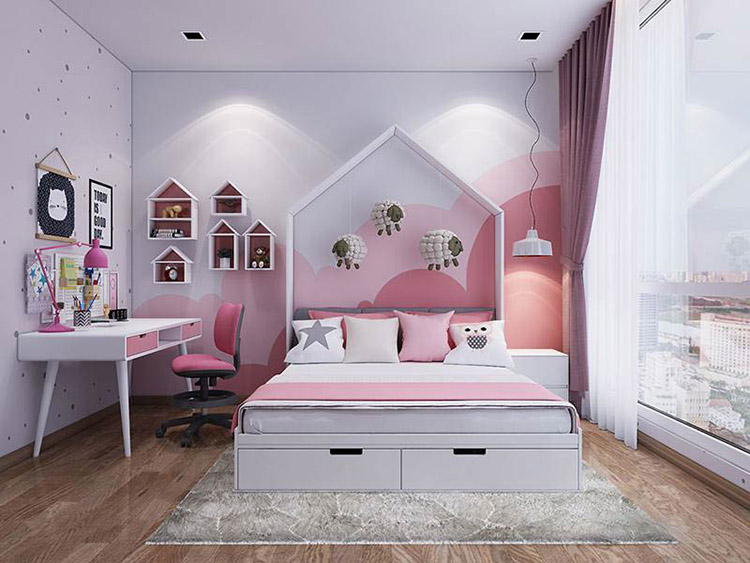 Trang trí phòng ngủ bé gái màu hồng cho bé khoảng 8 tuổi